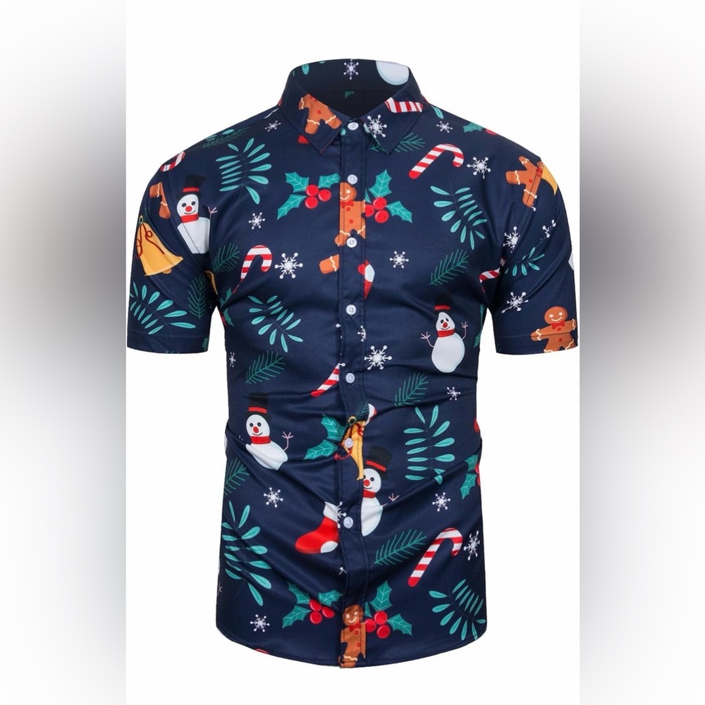 Men's Navy Blue Ugly Christmas Short-Sleeve Button-Up Shirt